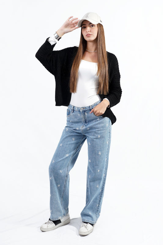 jeans con ricamo floreale